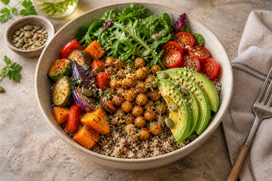 Frische Bowl mit Gemüse, Quinoa und Avocado