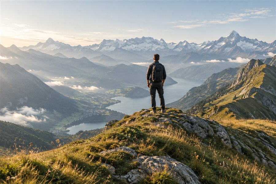 Wanderer auf einem Berggipfel mit Blick ins Tal
